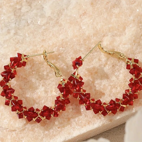 Elegant Red and Gold Hoop Earrings. Christmas Earrings. Holiday Gift - Picture 7 of 8
